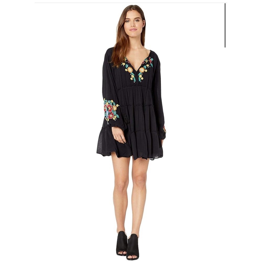 Free People Always Forever Embroidered‎ Tunic Mini Dress Black Size S